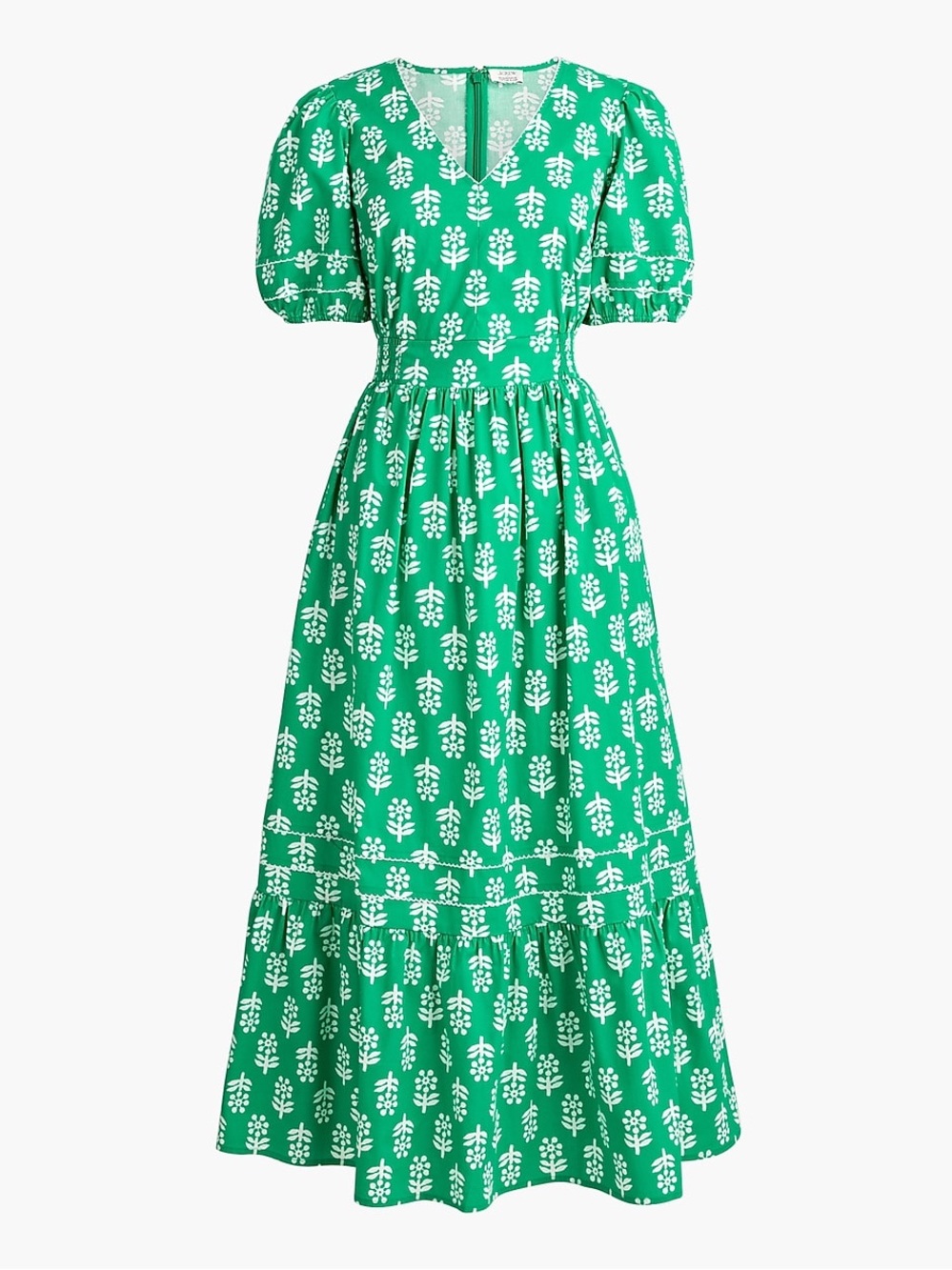 J. Crew Factory Block-Print Puff-Sleeve Midi Dress Emerald Beryl 10 - Picture 2 of 16